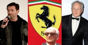 Hugh Jackman in the shoes of Enzo Ferrari in front...