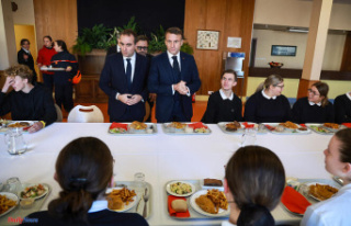 Emmanuel Macron and Sébastien Lecornu in the canteen,...