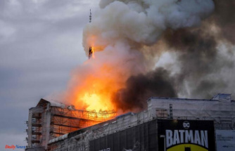 The former Copenhagen Stock Exchange, a historic 17th-century building, is on fire